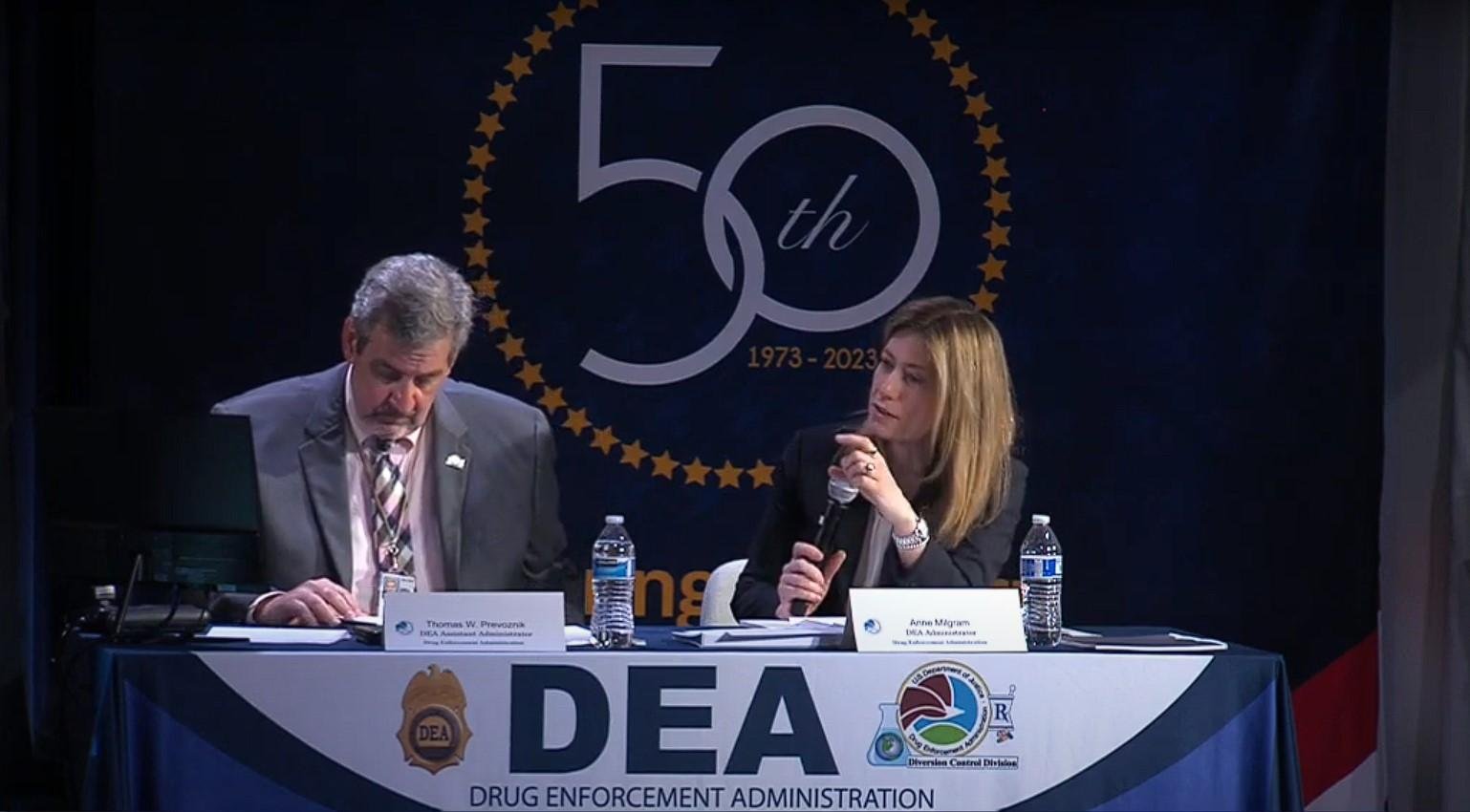 DEA Administrator Anne Milgram and Assistant Administrator Thomas Prevoznik during the DEA Telemedicine Listening Session. Both intently focused on the speakers and reflected genuine concern and interest. The weight of their roles is evident as they actively engage, aiming to understand the complexities and challenges presented by the proposed changes to telemedicine and controlled substance regulations.