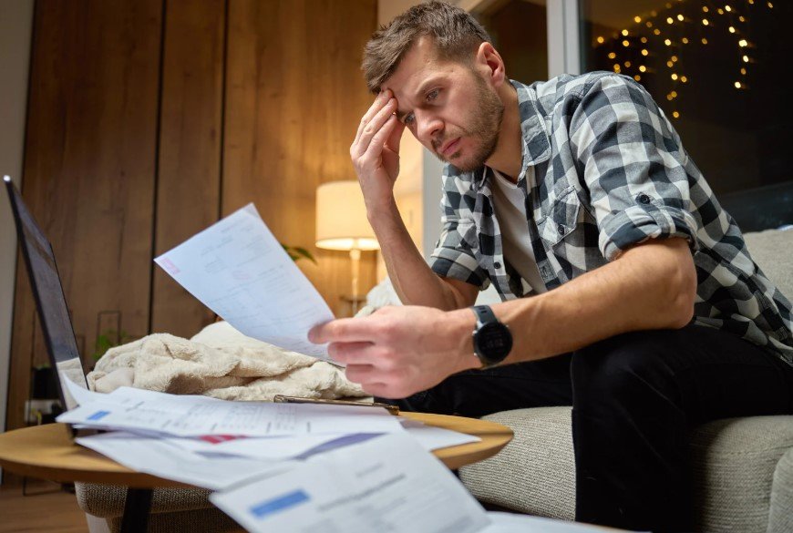 Man in a plaid shirt sits on a sofa, head in hand, reviewing papers with a laptop and scattered sheets nearby.